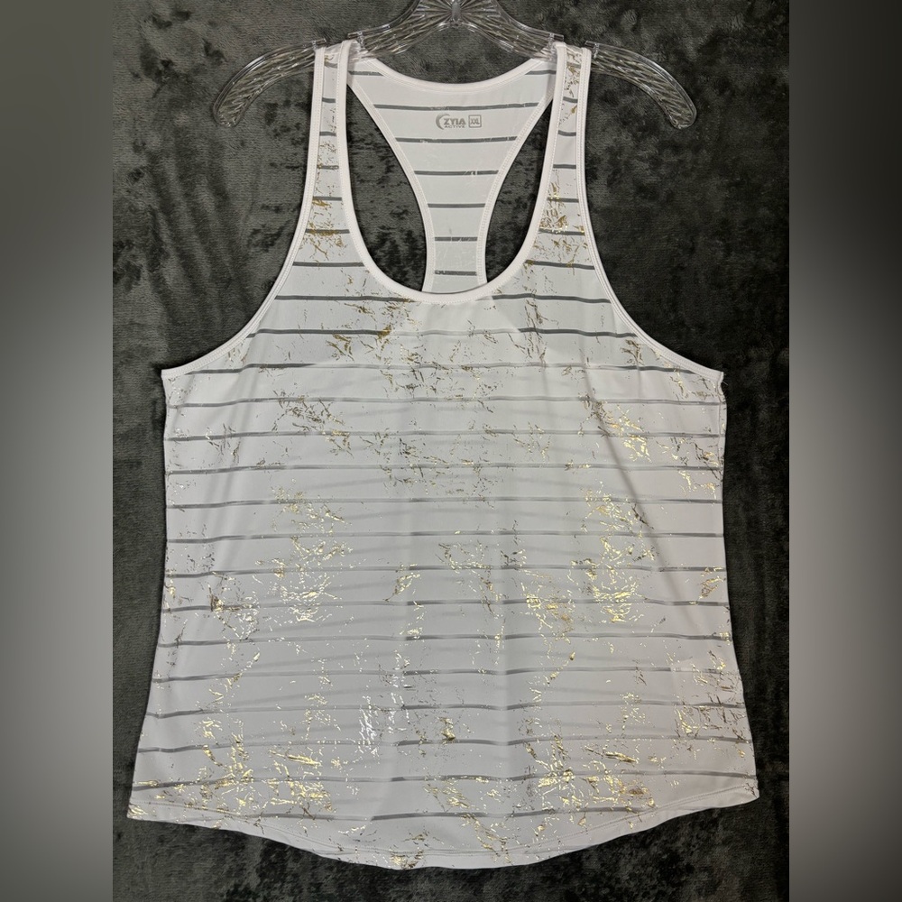 Zyia Active White‎ and Gold Splatter Tank Top Size Medium
